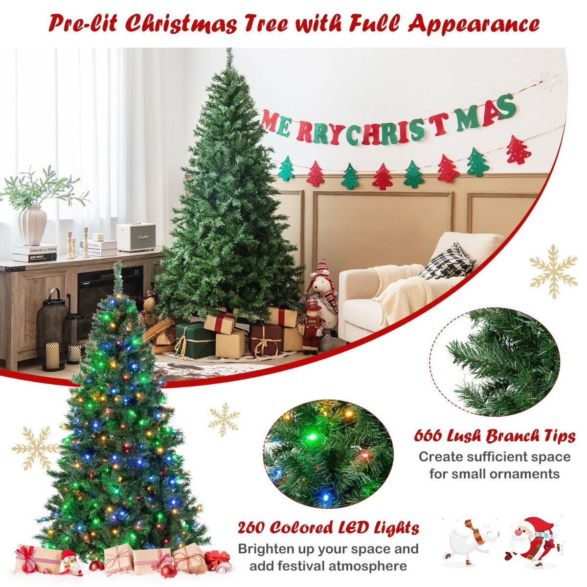 6 Feet Pre-Lit Artificial Hinged Christmas Tree with 260 LED Lights