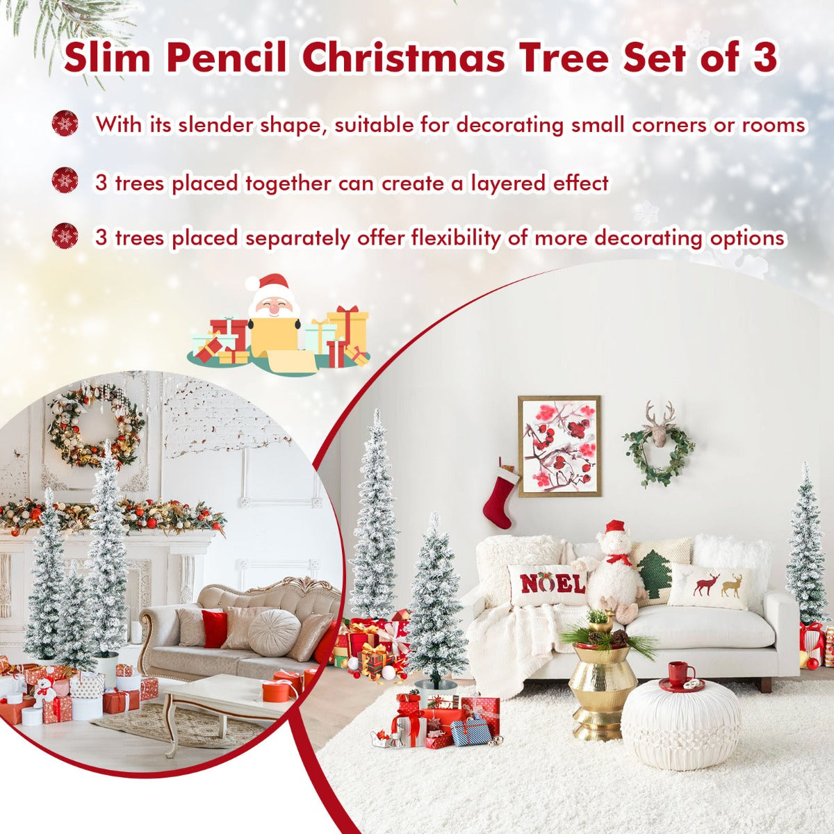 Slim Pencil Snow-Flocked Christmas Trees with Silver Metal Buckets