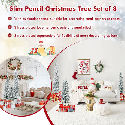 Slim Pencil Snow-Flocked Christmas Trees with Silver Metal Buckets