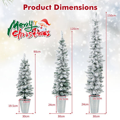 Slim Pencil Snow-Flocked Christmas Trees with Silver Metal Buckets