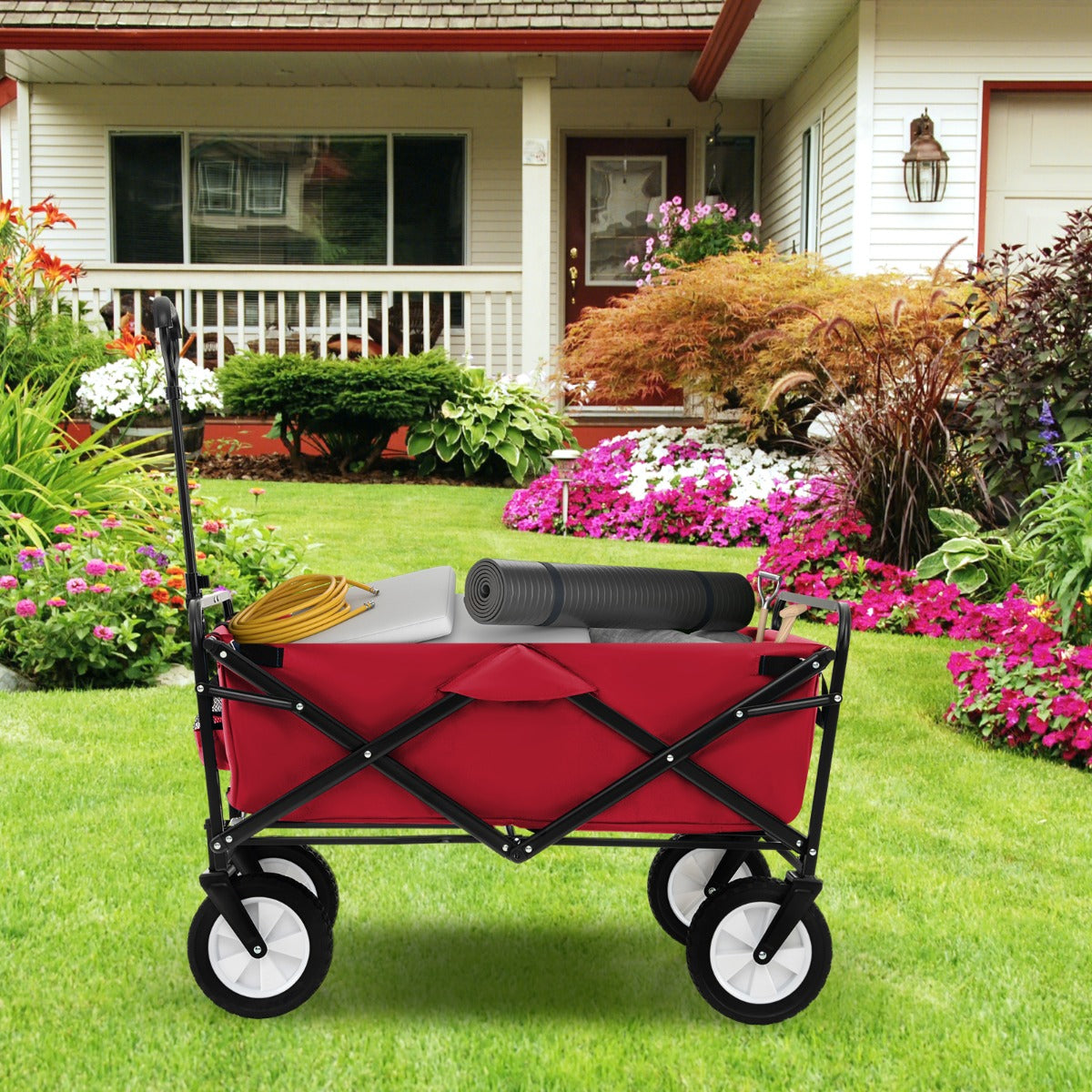 eavy Duty Camping Garden Cart with Adjustable Handle and Drink Holders-Red