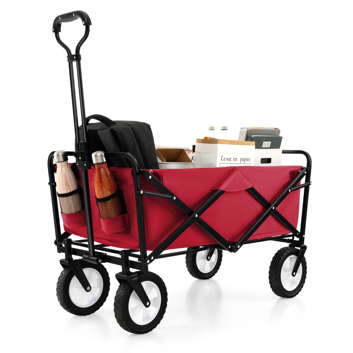eavy Duty Camping Garden Cart with Adjustable Handle and Drink Holders-Red