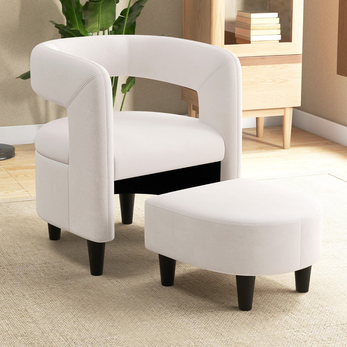 Comfy Accent Armchair with Footrest and Solid Wood Frame-Beige