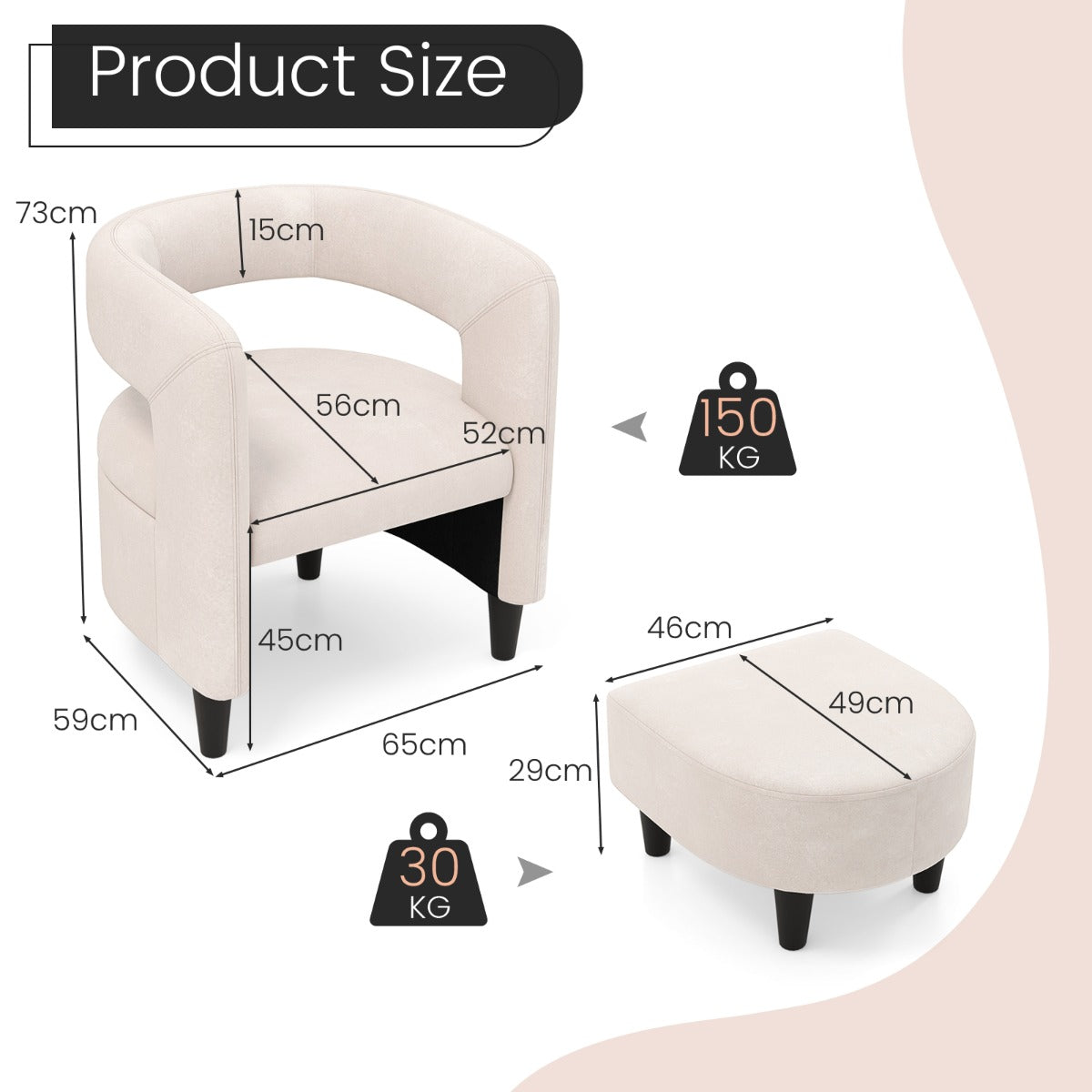 Comfy Accent Armchair with Footrest and Solid Wood Frame-Beige