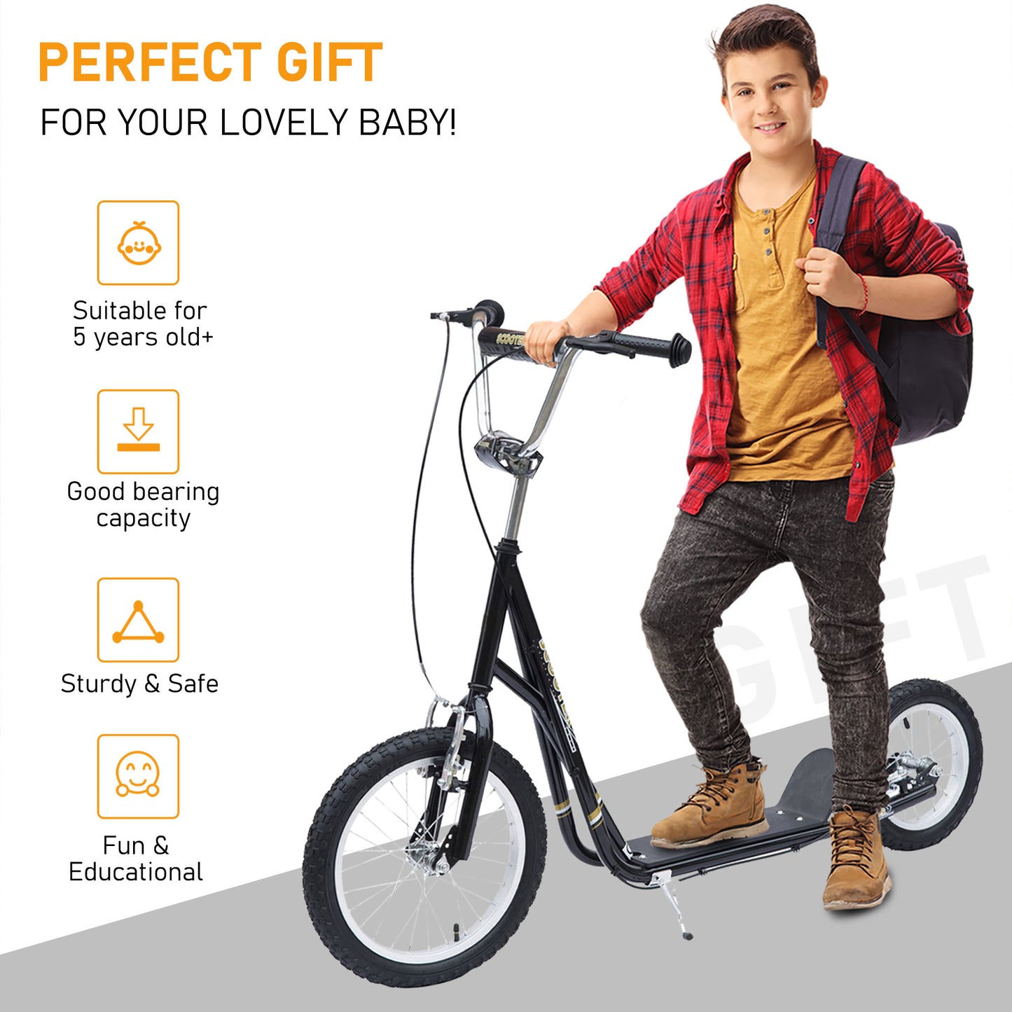 HOMCOM Adult Teen Push Scooter Kids Children Stunt Scooter Bike Bicycle Ride On Alloy Wheel Pneumatic 12" Tyres-Black