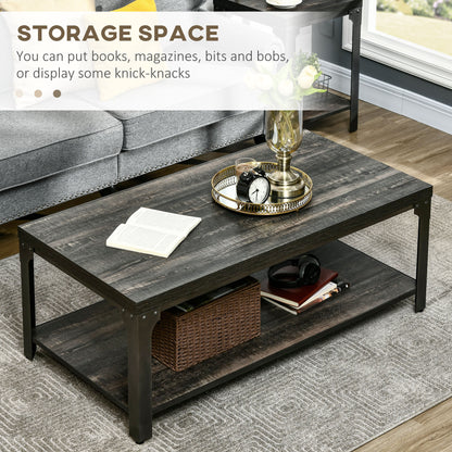 HOMCOM Rustic Coffee Table with Storage Shelf, Cocktail Table with Steel Frame and Thickened Top for Living Room, Dark Walnut
