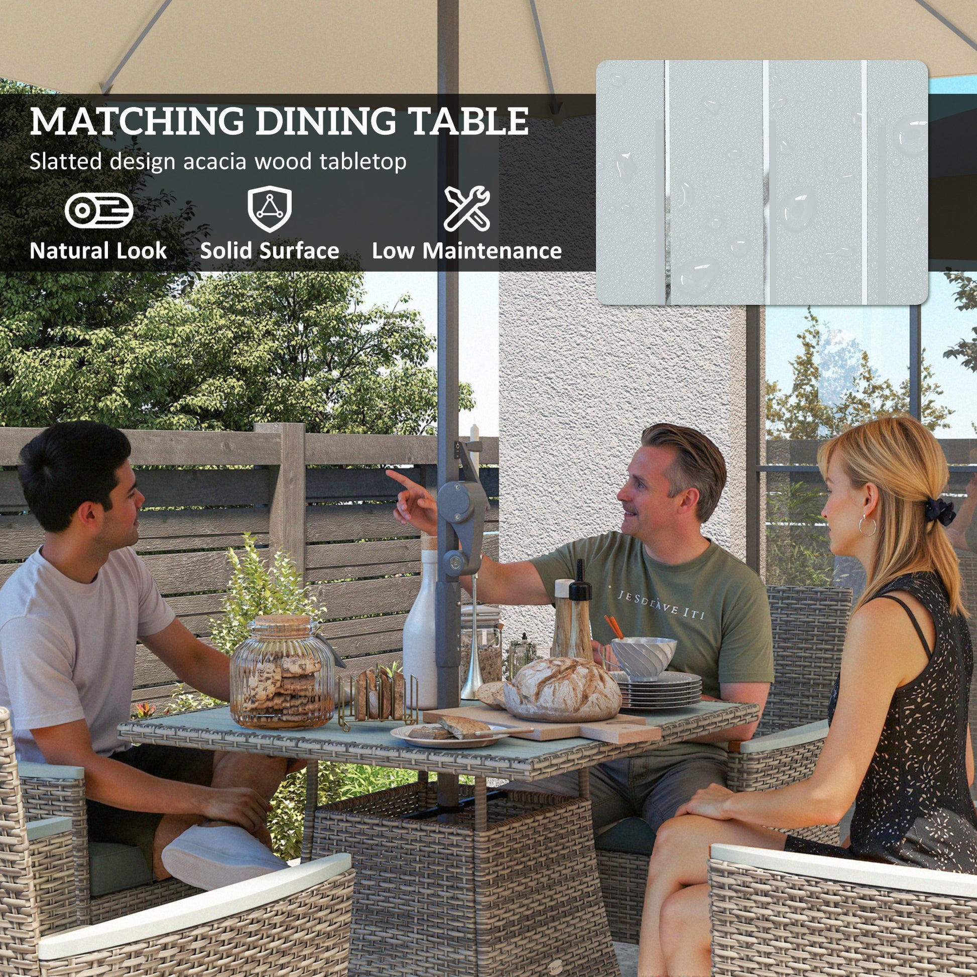 Outsunny Five-Piece Rattan Set, with Wood-Top Table - Grey