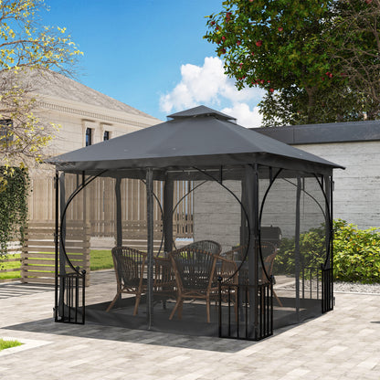 Outsunny 3 x 3(m) Garden Gazebo Patio Party Tent Shelter Outdoor Canopy Double Tier Sun Shade with Metal Frame and Netting, Dark Grey