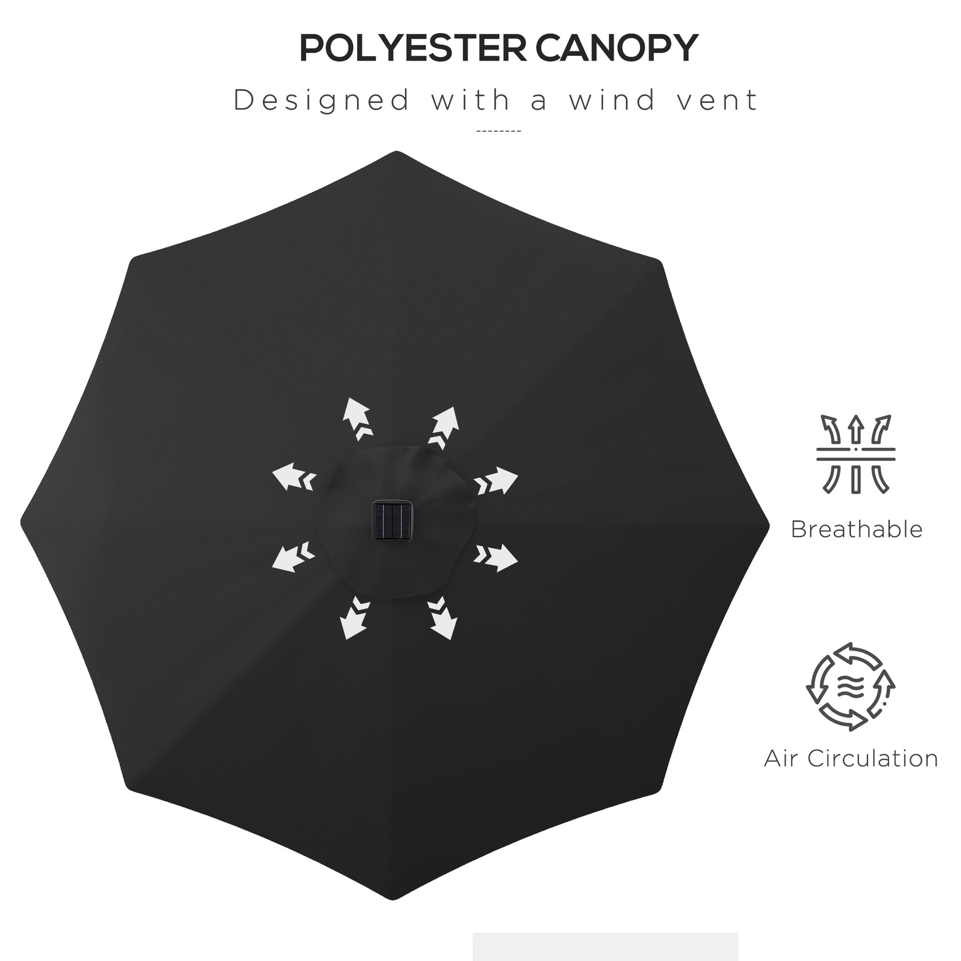 Outsunny ?2.7m Garden Parasol Solar Outdoor Tilt Sun Umbrella Patio Sun Shade w/ 24 LED Light, Hand Crank and 8 Ribs, Black