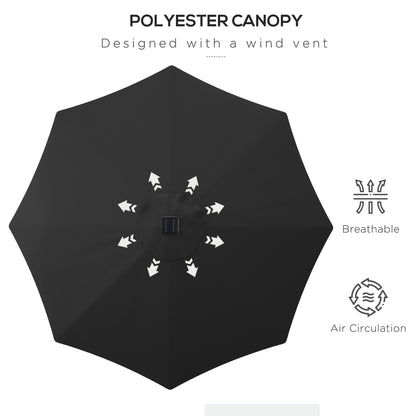 Outsunny ?2.7m Garden Parasol Solar Outdoor Tilt Sun Umbrella Patio Sun Shade w/ 24 LED Light, Hand Crank and 8 Ribs, Black