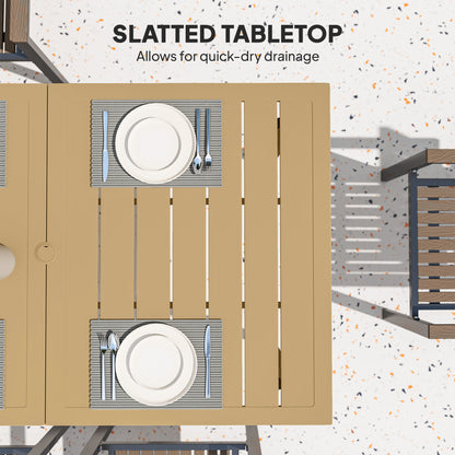 Outsunny Garden Dining Table for 6 Person, Rectangle Outdoor Coffee Table with 5 cm Parasol Hole, Slatted Tabletop and Steel Frame for Patio Balcony, Brown