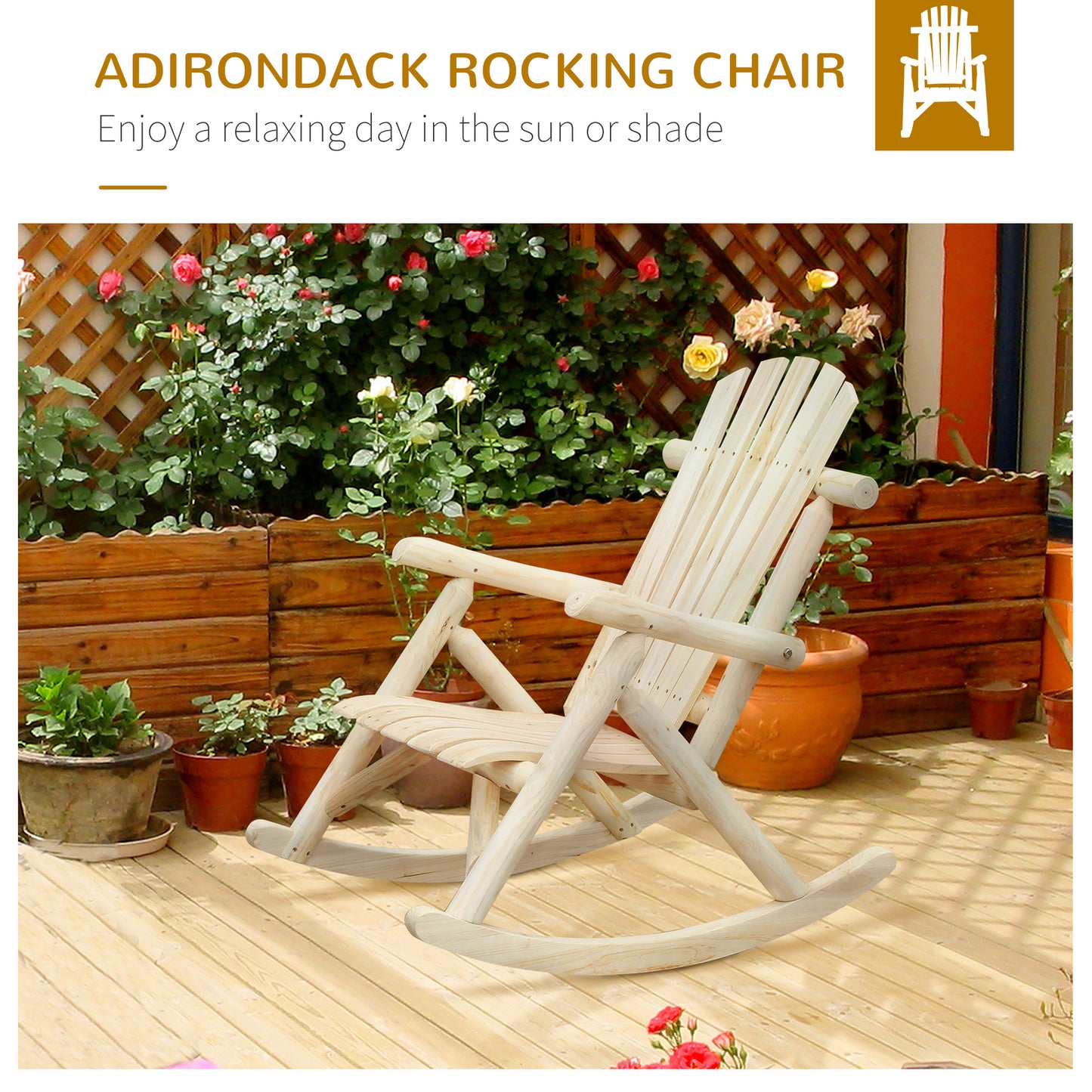 Outsunny 2 Piece Adirondack Chair Cedar Wood Ergonomic Rocking Chair Porch Rocker Garden Traditional - Burlywood