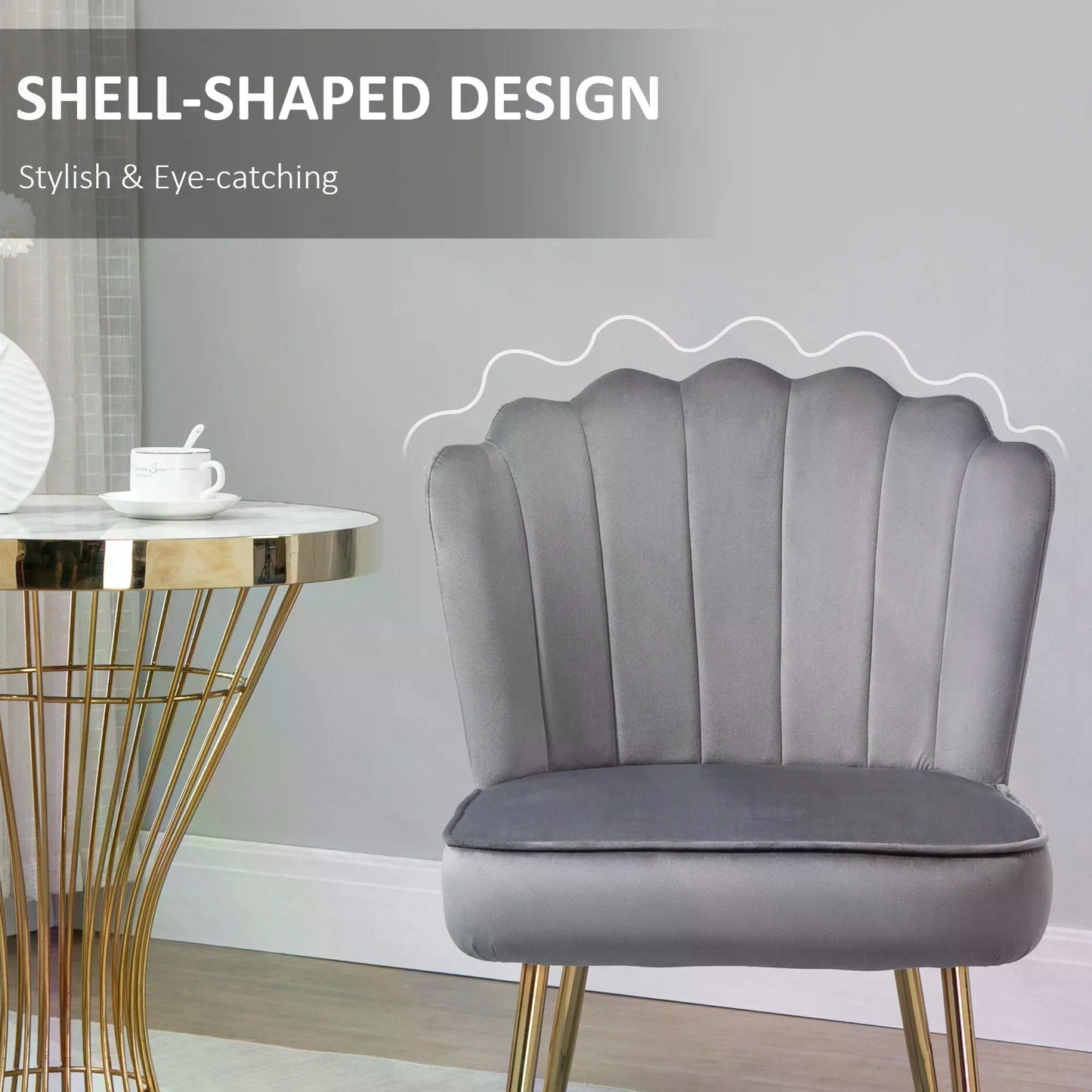 HOMCOM Velvet-Feel Shell Luxe Accent Chair, Glam Vanity Chair Makeup Seat, Home Bedroom Lounge with Metal Legs Comfort Padding, Grey