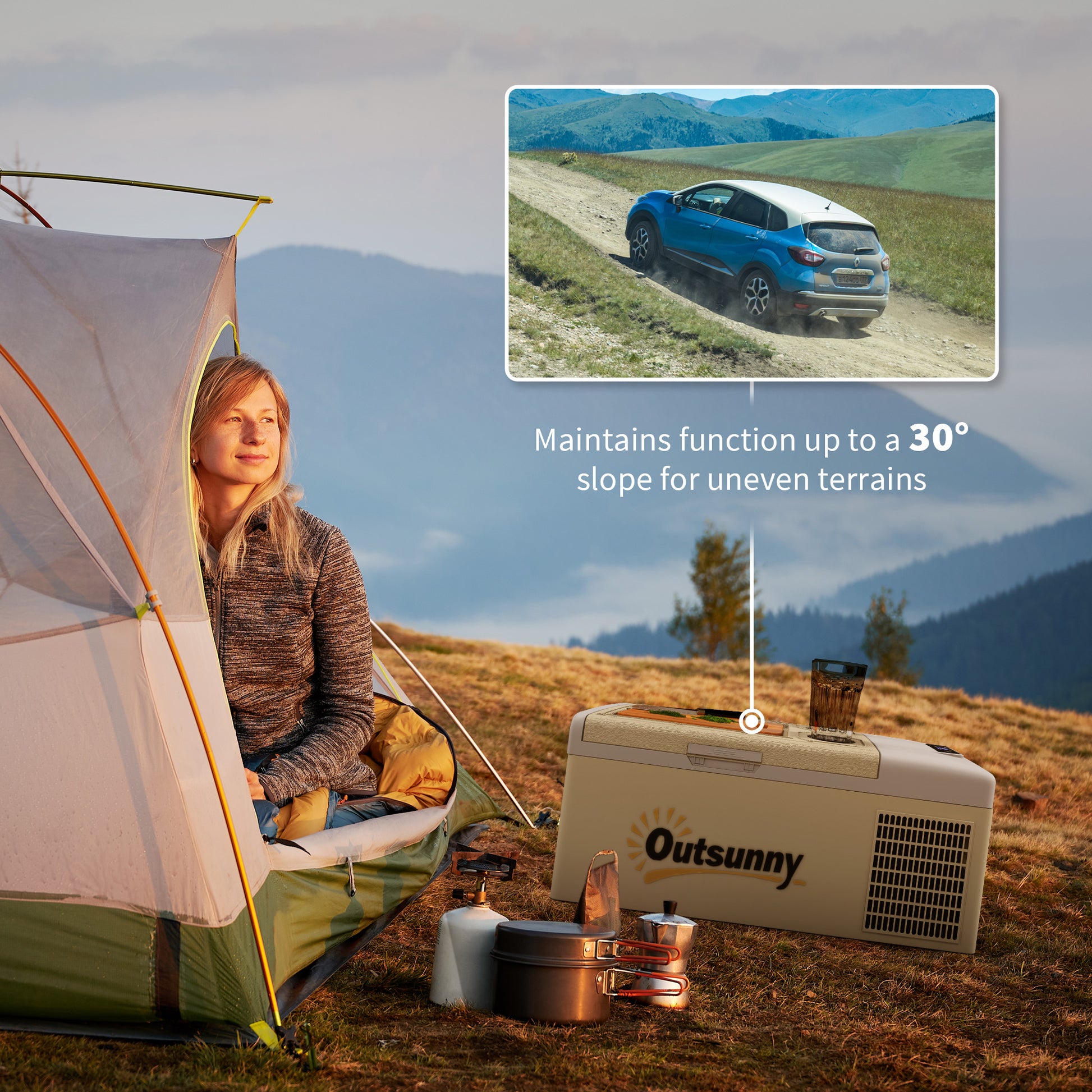 Outsunny 16L Portable Car Fridge, -20? to 10? Adjustable Temperature - Khaki/Grey