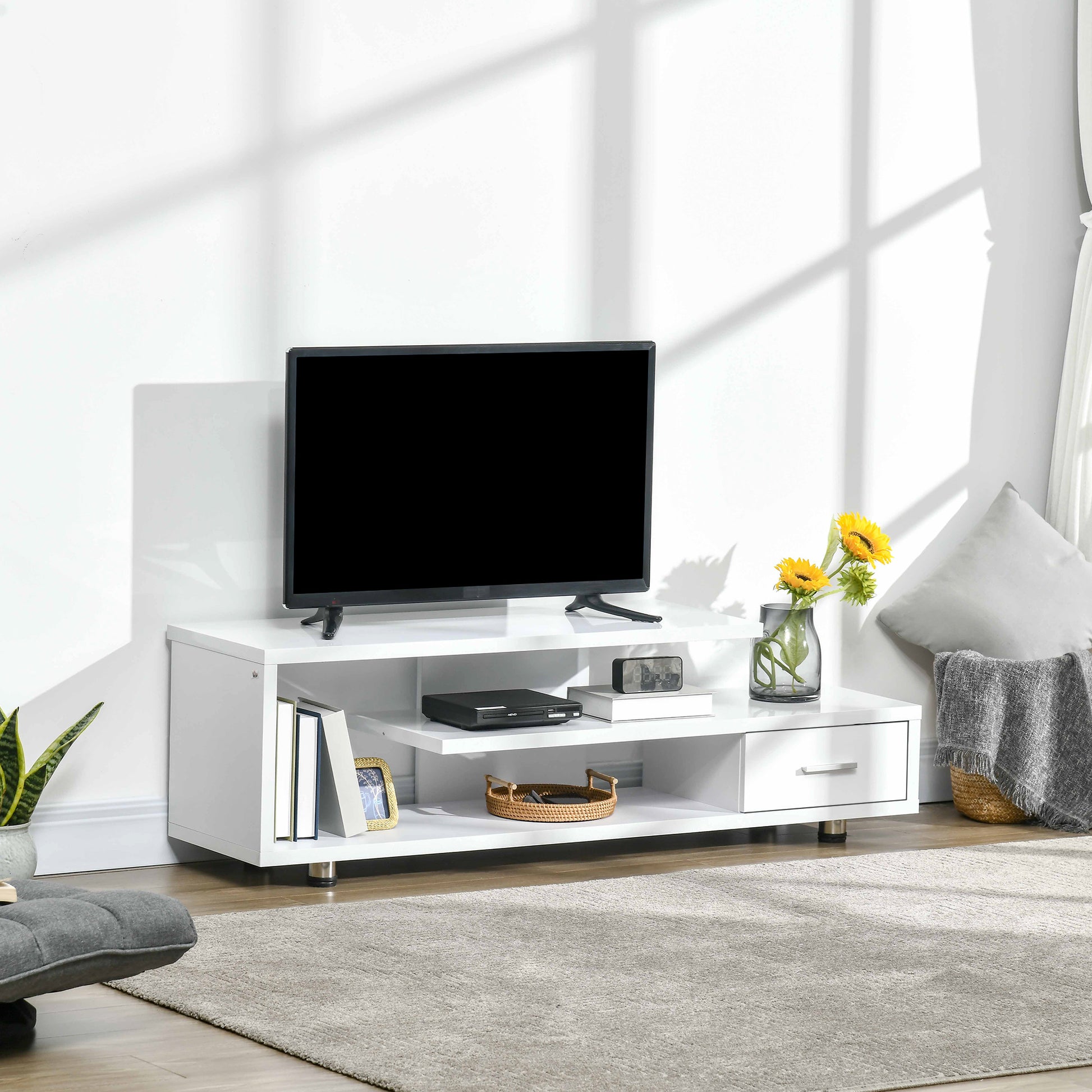 HOMCOM High Gloss TV Unit for TVs up to 45", Modern TV Cabinet with Storage Shelf and Drawer, Entertainment Unit for Living Room Bedroom, White