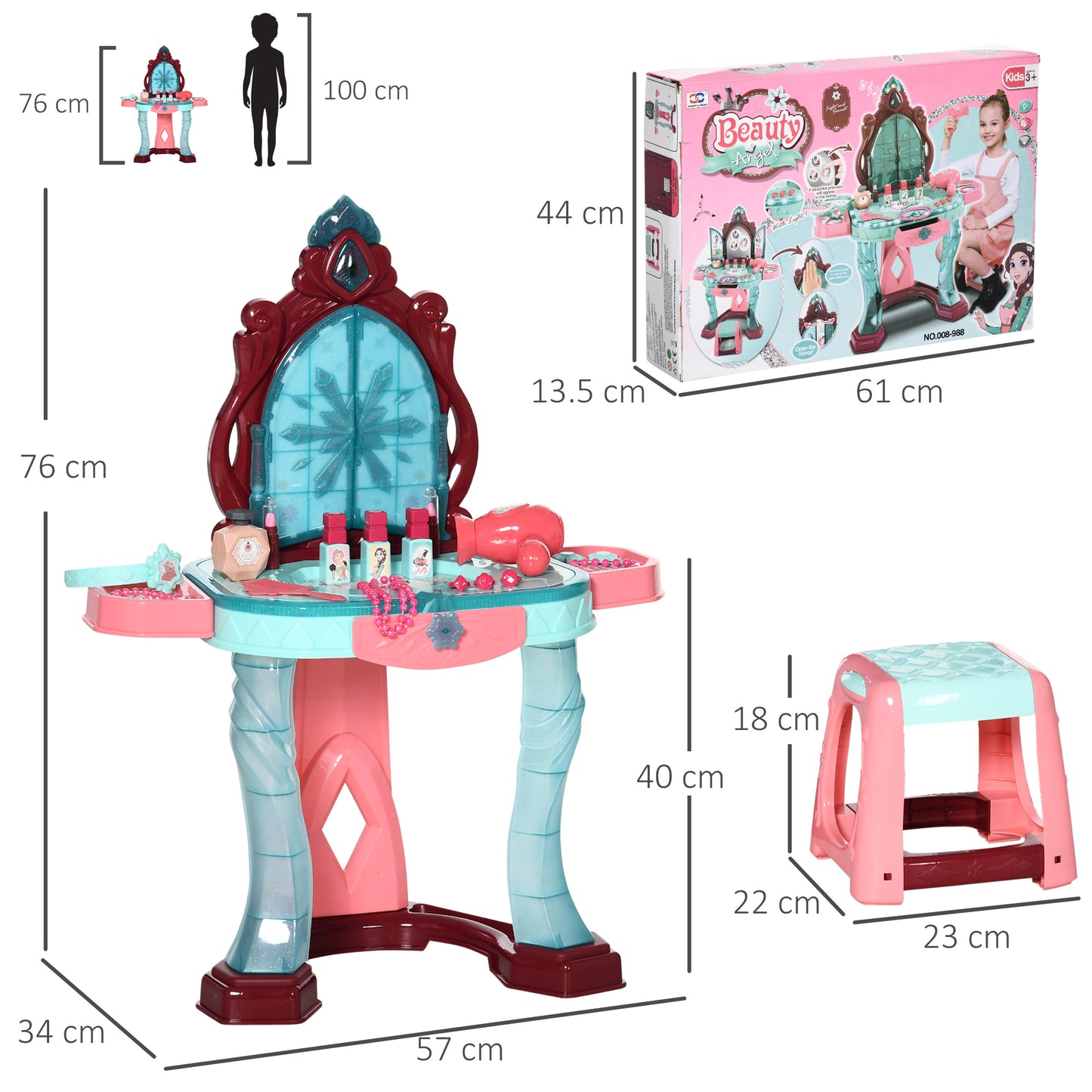 HOMCOM 31 PCS Kids Dressing Table Set with Magic Princess Mirror, Musical Pretend Toy W/ Beauty Kit Mirror Light & Music, for 3-6 Years Old Blue+Pink