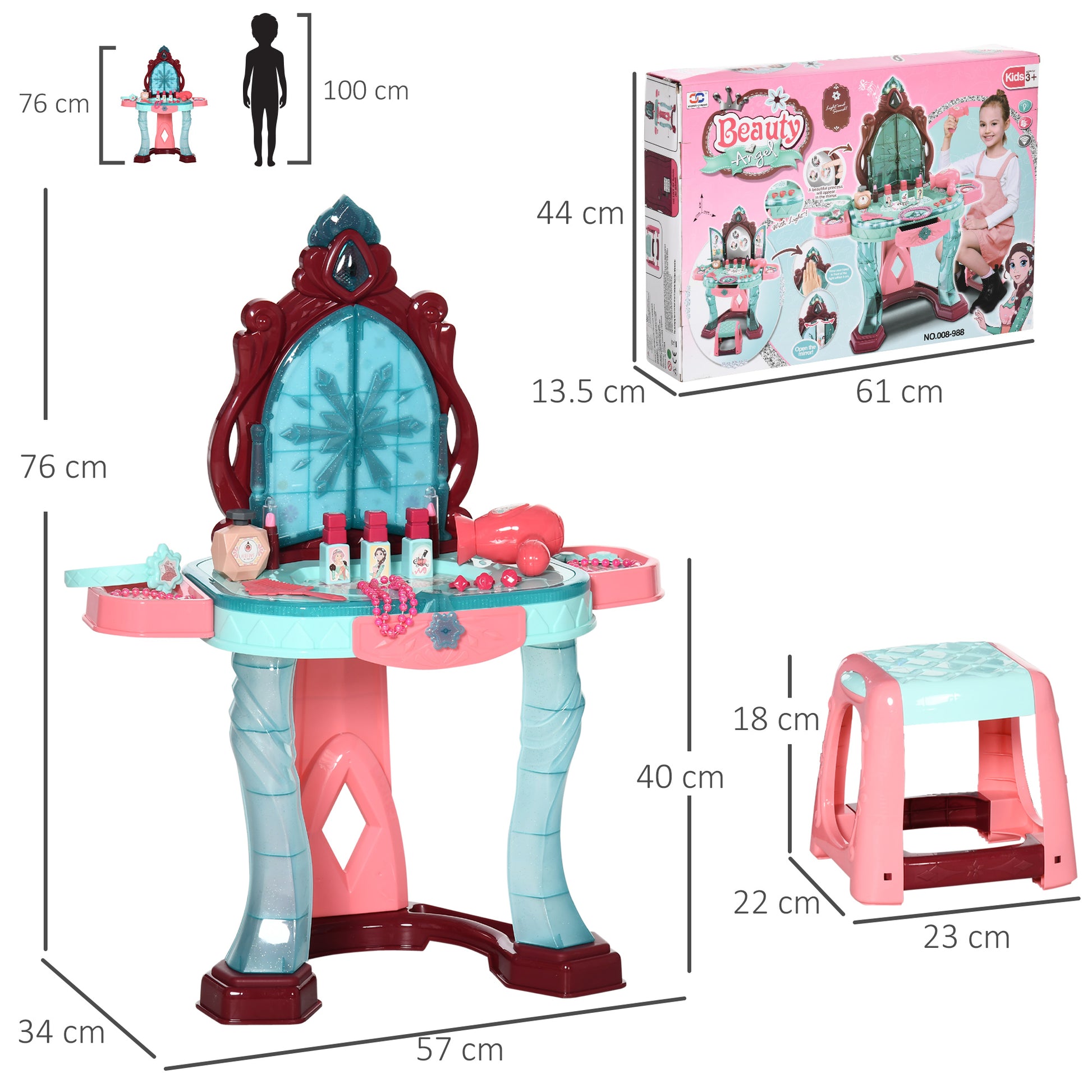 HOMCOM 31 PCS Kids Dressing Table Set with Magic Princess Mirror, Musical Pretend Toy W/ Beauty Kit Mirror Light & Music, for 3-6 Years Old Blue+Pink