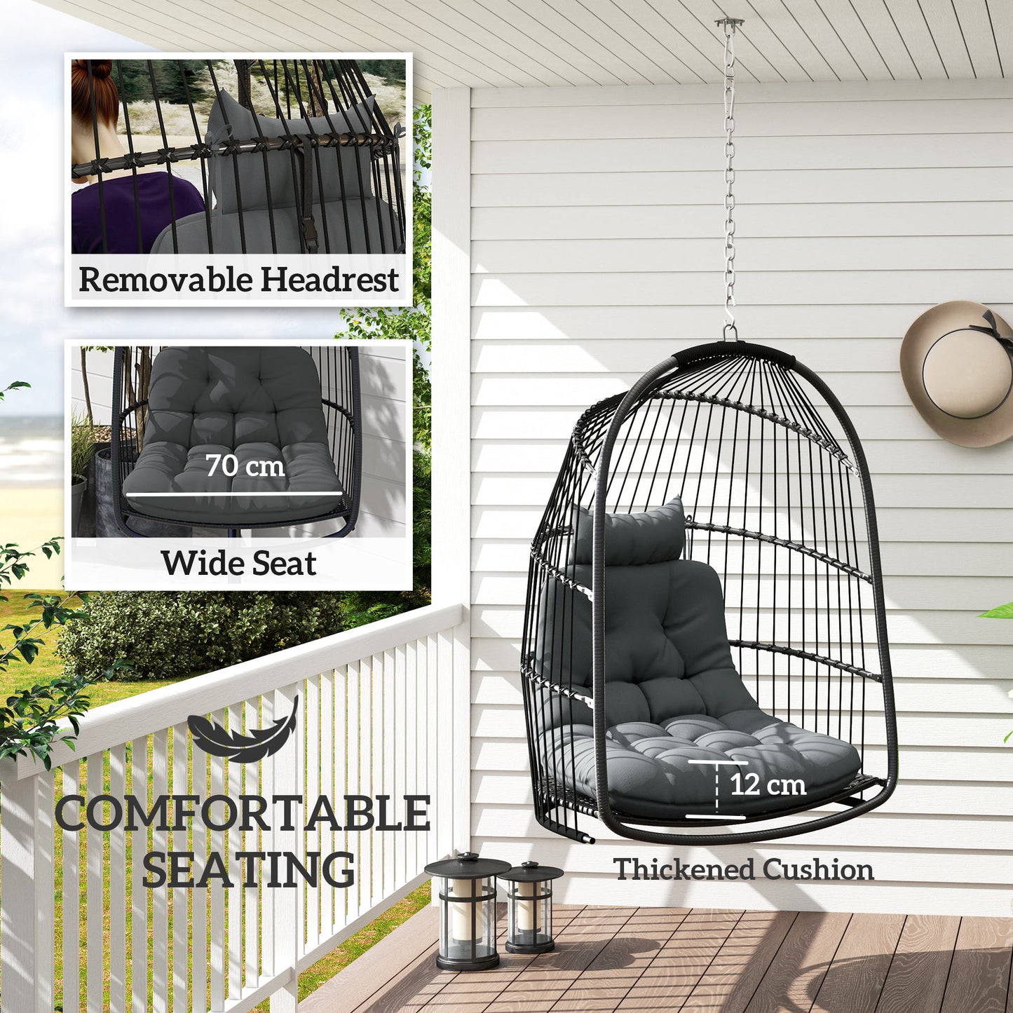 Outsunny Hanging Egg Chair, Foldable Rattan Garden Swing Chair with Installation Kit, Thickened Cushion and Headrest, Indoor Outdoor Hanging Egg Basket Seat for Patio, Porch, Dark Grey