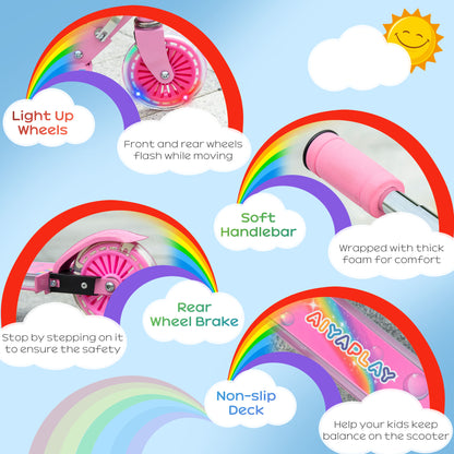 HOMCOM Kids Scooter with Lights, Music, Adjustable Height, Folding Frame, LED Wheels, for 3-7 Years Old, Pink