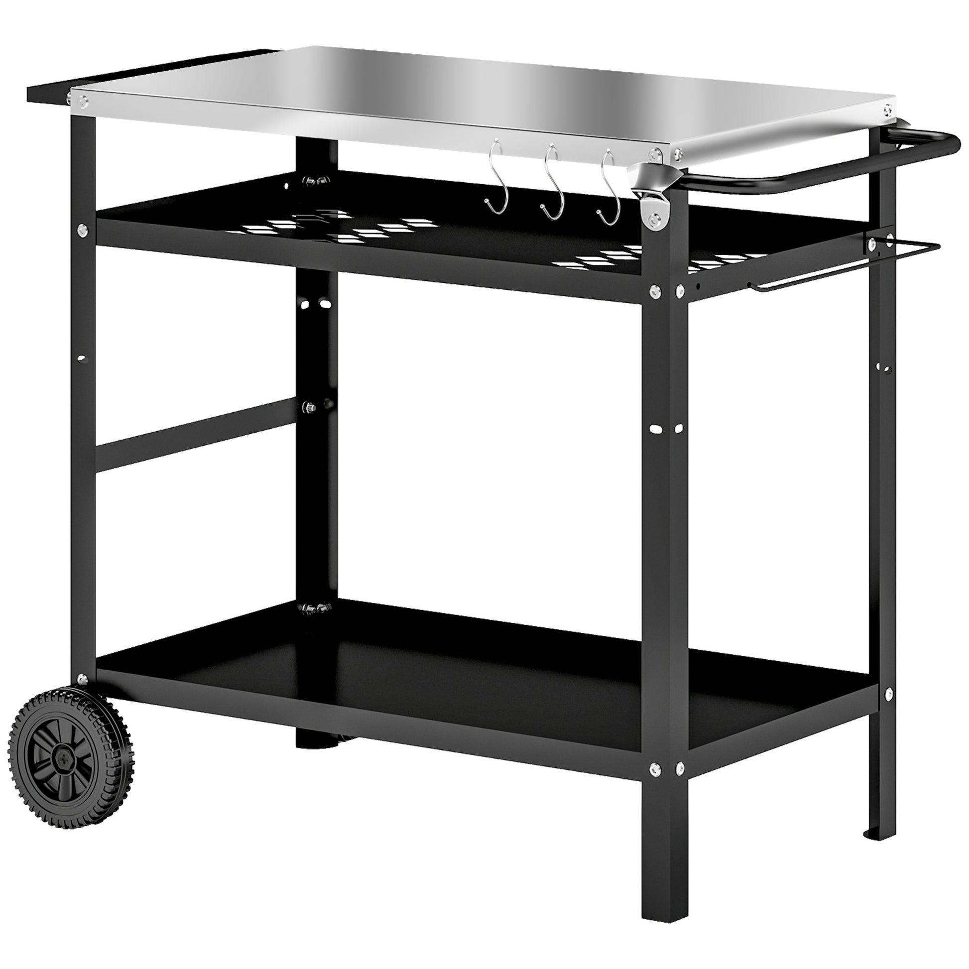 Outsunny BBQ Trolley with Stainless Steel Top Adjustable Shelf, Outdoor Kitchen BBQ Station with Hooks Seasoning Tray Towel Rack, Pizza Oven Table Movable Outdoor Grill Dining Cart with Cover, Black