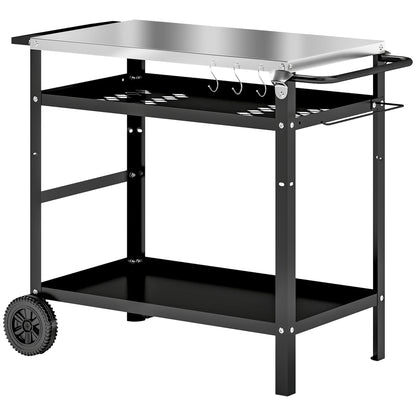 Outsunny BBQ Trolley with Stainless Steel Top Adjustable Shelf, Outdoor Kitchen BBQ Station with Hooks Seasoning Tray Towel Rack, Pizza Oven Table Movable Outdoor Grill Dining Cart with Cover, Black