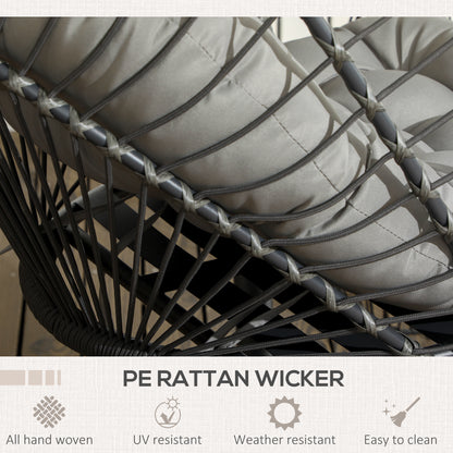 Outsunny Outdoor PE Rattan Swing Chair with Foldable Basket and Cushion, Garden Patio Hanging Egg Chair with Metal Stand, Headrest for Indoor and Outdoor, Light Grey