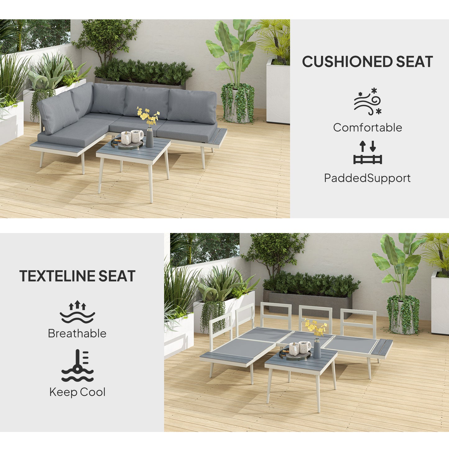 Outsunny 3 Piece Garden Furniture Set with 5-Level Adjustable Lounger, L Shaped Garden Corner Sofa with Cushions, Mesh Seat, Slatted Wood-Grain Table, Outdoor Furniture Set for Conservatory, Grey