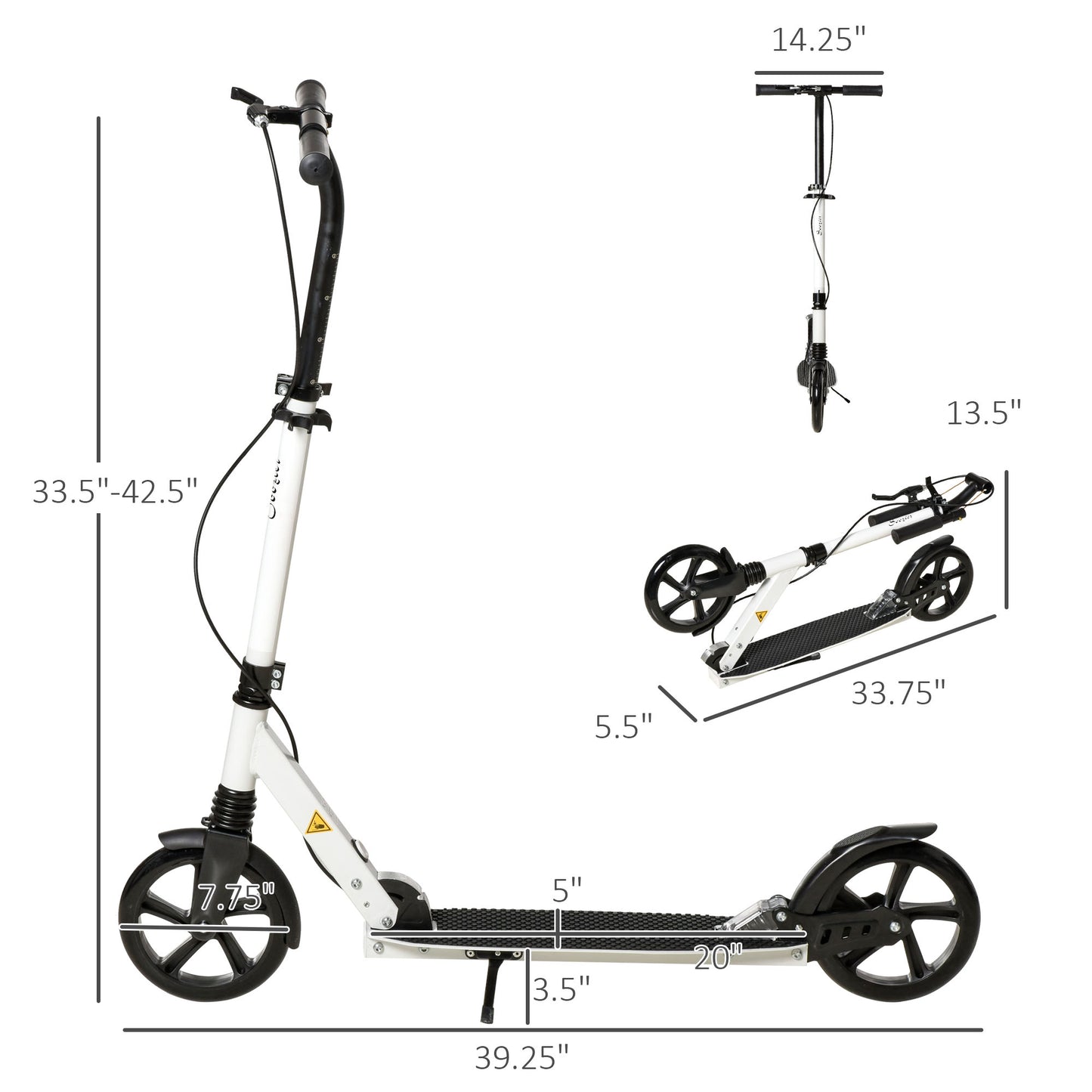 HOMCOM One-click Folding Kick Scooter for 14+ w/ Adjustable Handlebar, Push Scooter with Kickstand, Dual Brake System, Shock Absorber, White