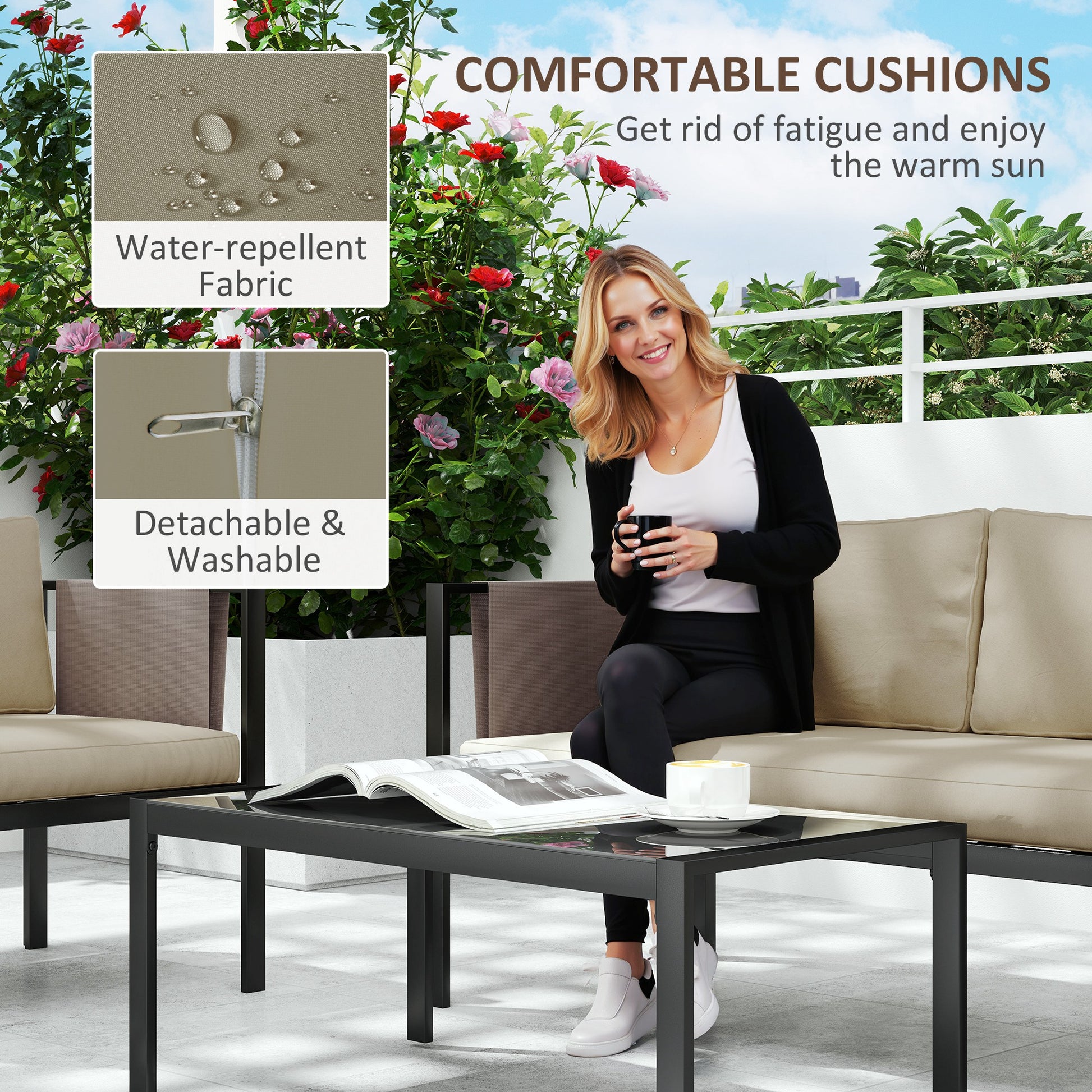 Outsunny 4 Piece Metal Garden Furniture Set with Tempered Glass Coffee Table, Texteline Pocket, Outdoor Set Loveseat Single Armchairs with Padded Cushions, Khaki