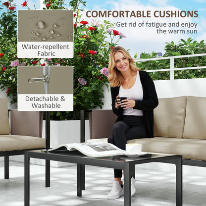 Outsunny 4 Piece Metal Garden Furniture Set with Tempered Glass Coffee Table, Texteline Pocket, Outdoor Set Loveseat Single Armchairs with Padded Cushions, Khaki