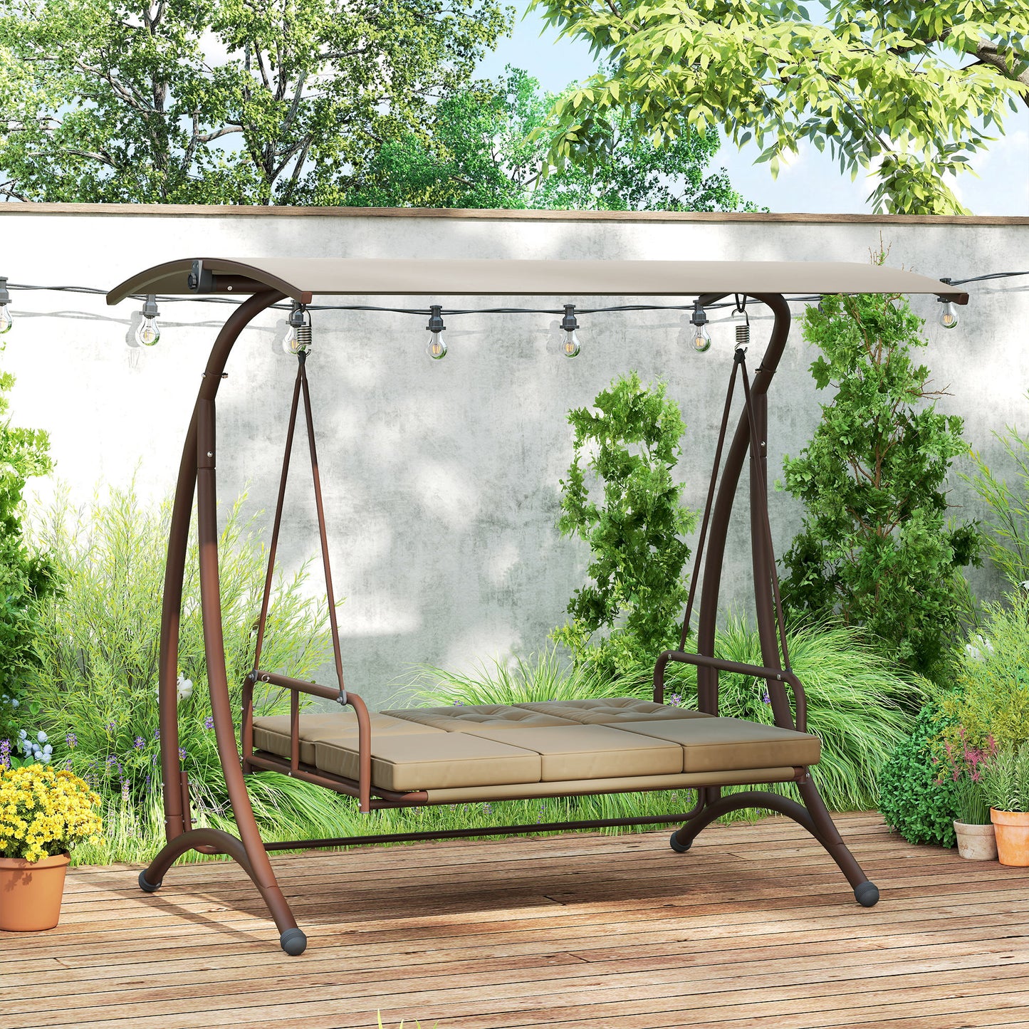 Outsunny Convertible Three-Seater Swing Bed - Khaki