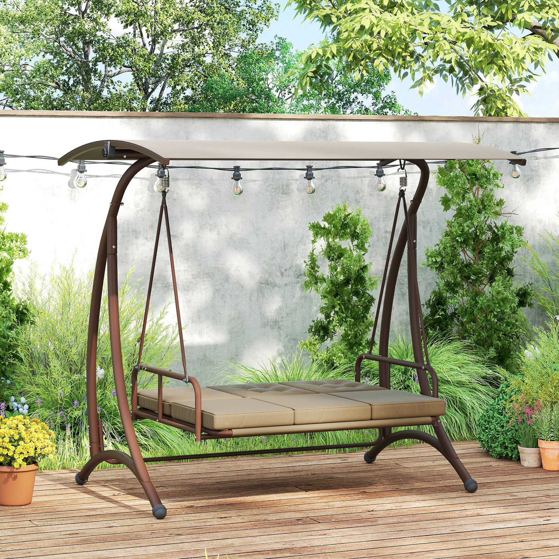 Outsunny Convertible Three-Seater Swing Bed - Khaki