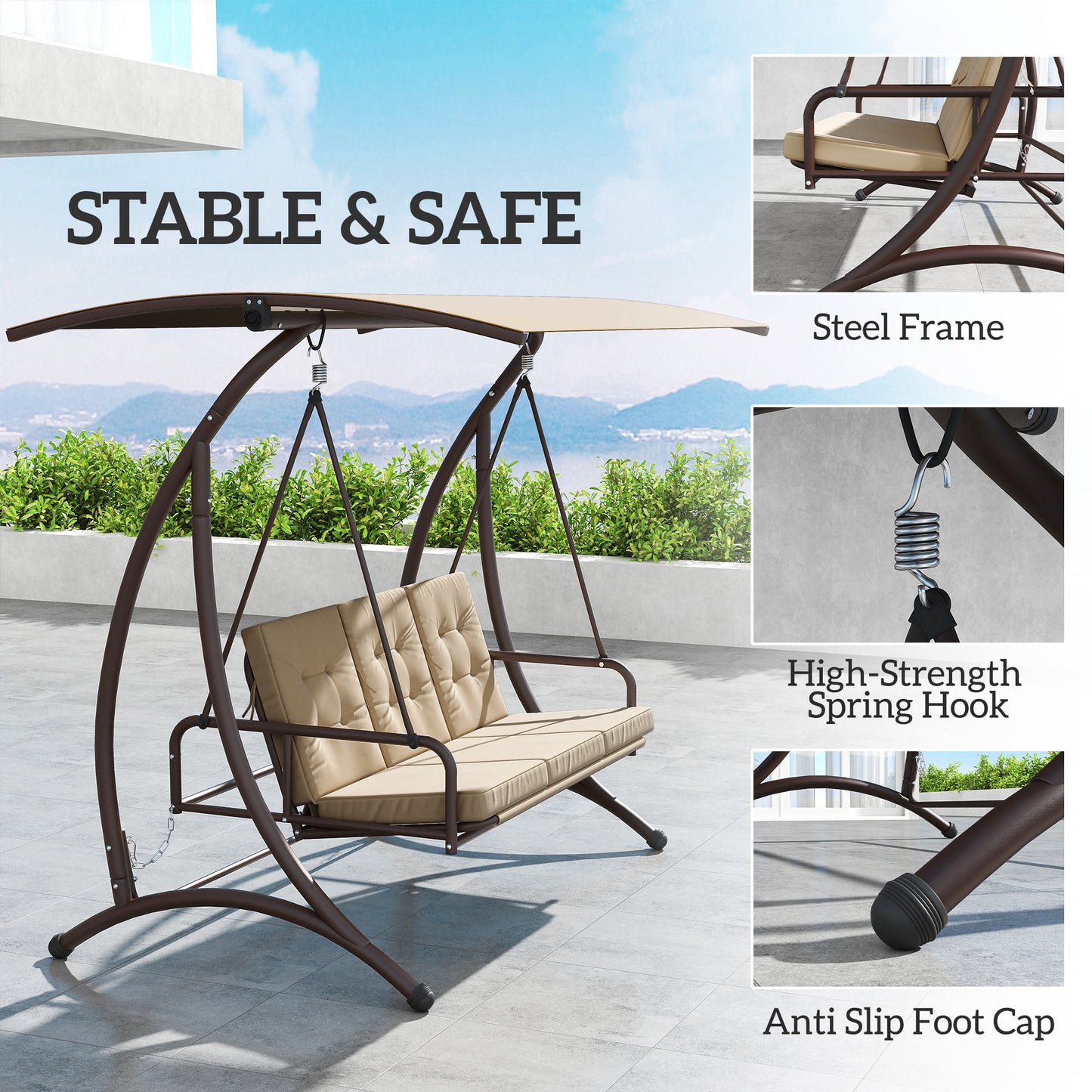 Outsunny Convertible Three-Seater Swing Bed - Khaki