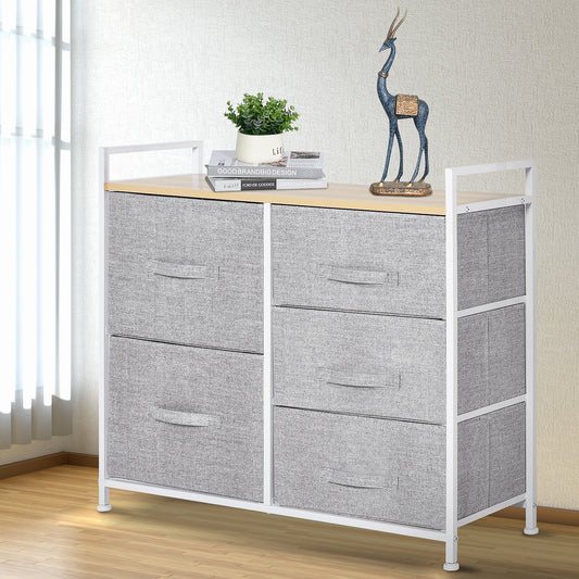 HOMCOM 5 Drawer Linen Storage Chest Home Organisation w/ Shelf Handles Metal Frame Adjustable Feet Hallway Home Dresser Grey
