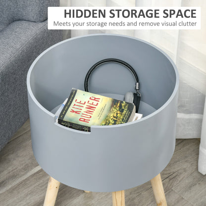 HOMCOM Modern Side Table with Hidden Storage Space, Round Night Stand with Removable Tray Wood Frame for Living Room Children's Room, Grey