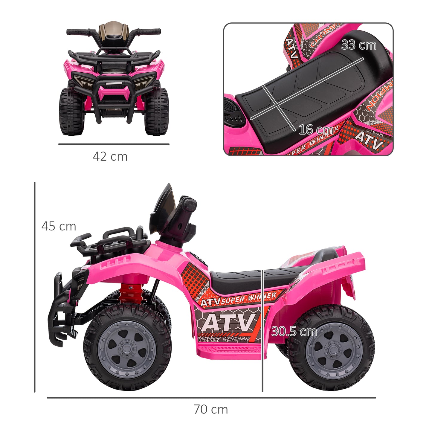 HOMCOM Kids Ride-on Four Wheeler ATV Car with Real Working Headlights, 6V Battery Powered Motorcycle for 18-36 Months, Pink