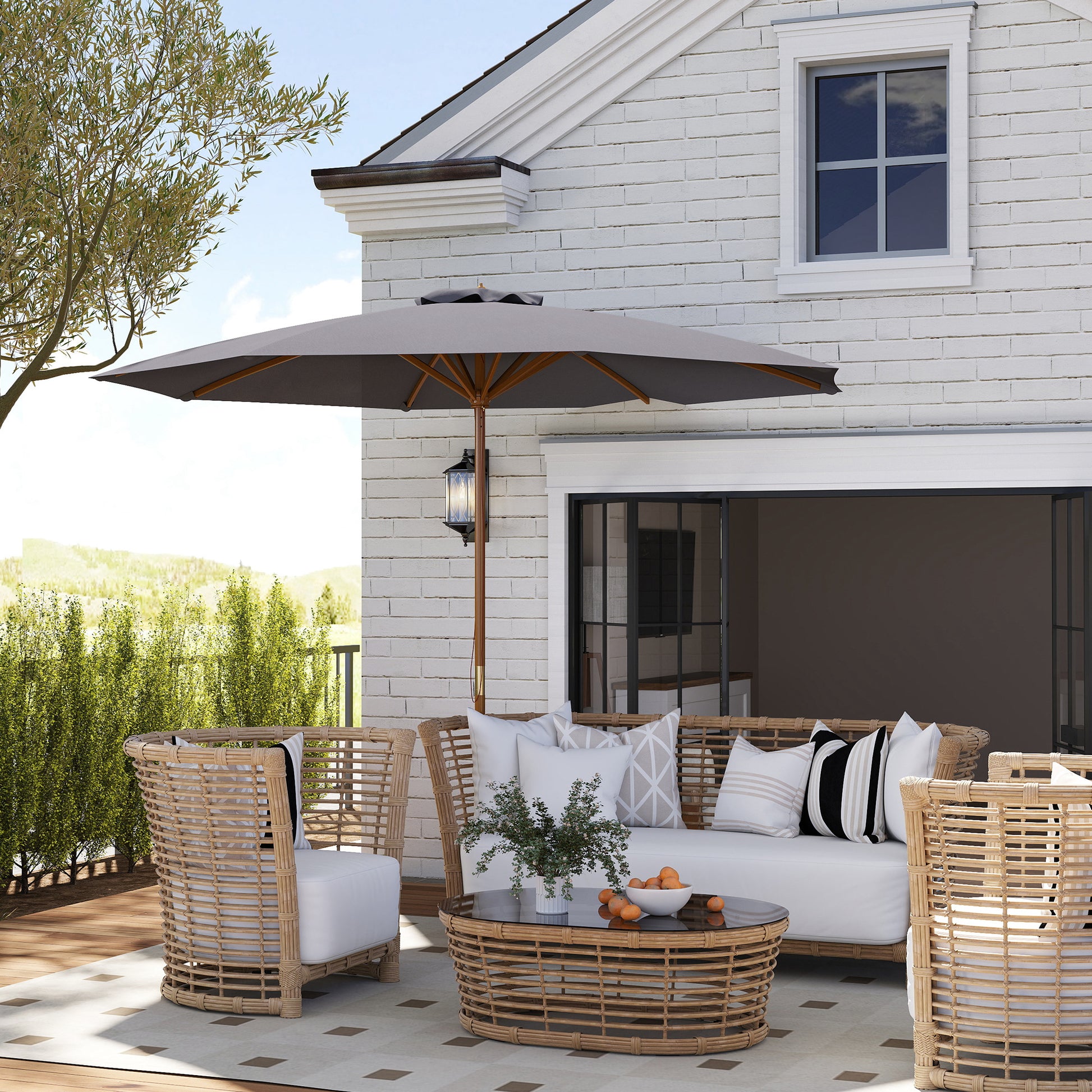 Outsunny 3m Wood Pole Parasol Umbrella - Grey