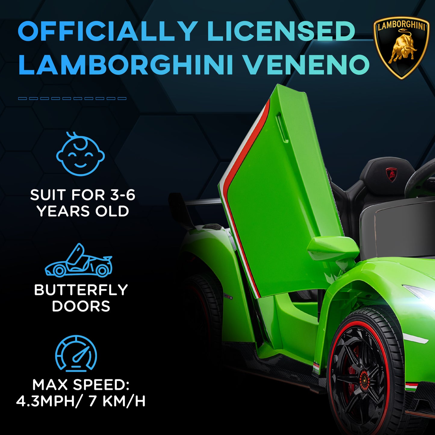 HOMCOM Lamborghini Veneno Licensed 12V Kids Electric Ride on Car w/ Butterfly Doors, Portable Battery, Powered Electric Car w/ Bluetooth, Green