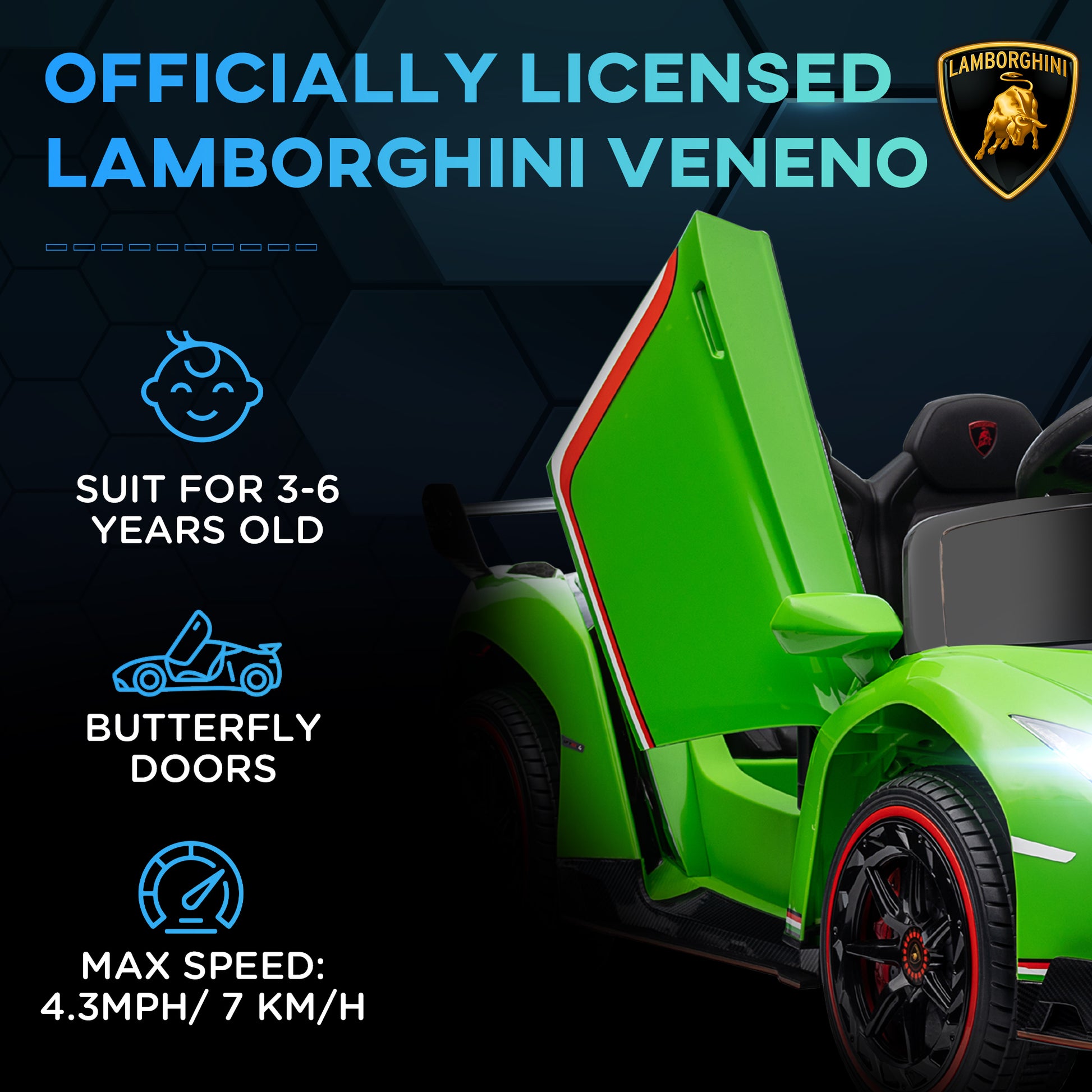 HOMCOM Lamborghini Veneno Licensed 12V Kids Electric Ride on Car w/ Butterfly Doors, Portable Battery, Powered Electric Car w/ Bluetooth, Green
