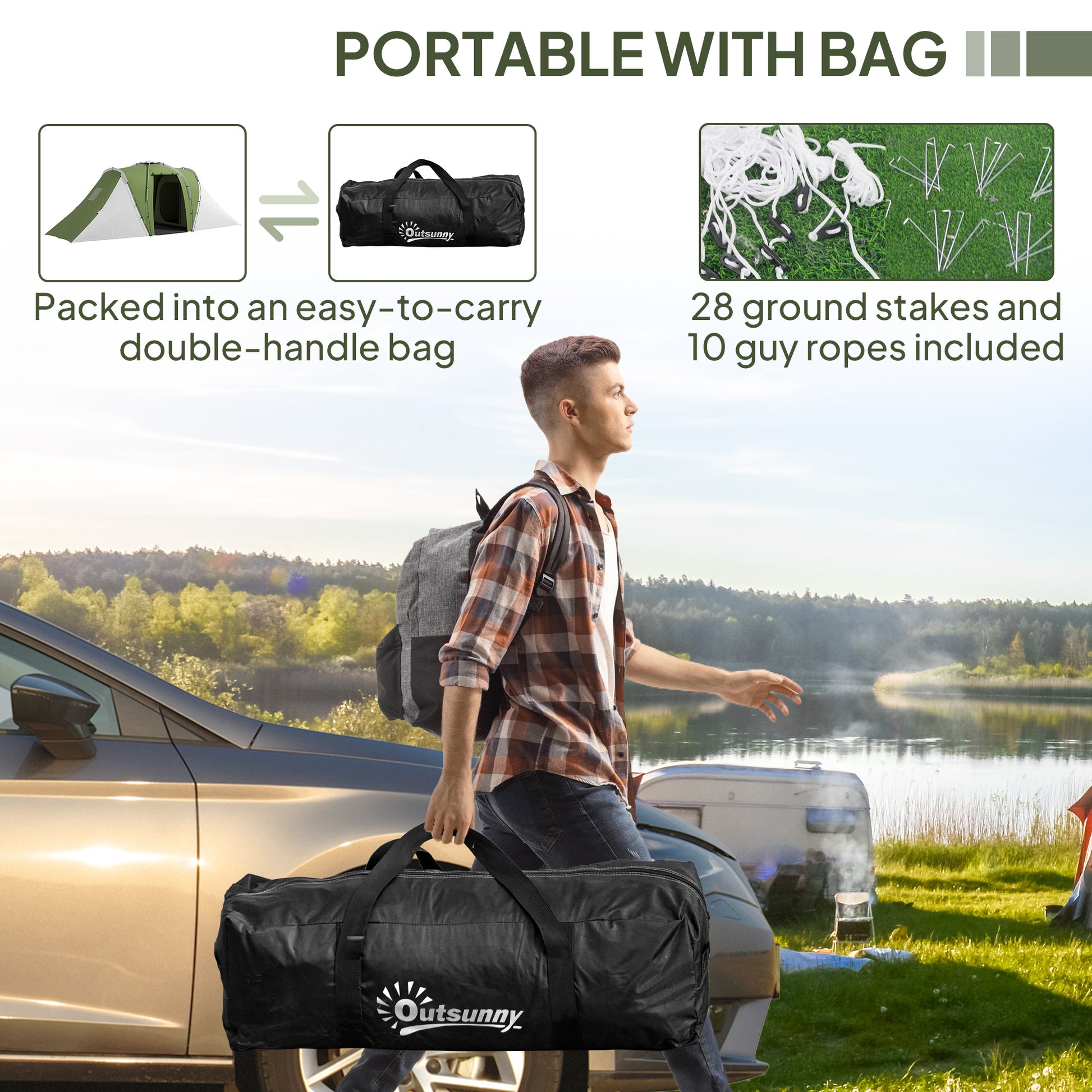 Outsunny Large Camping Tent Tunnel Tent with 2 Bedroom and Living Area, 2000mm Waterproof, Portable with Bag for 4-6 Man, Green