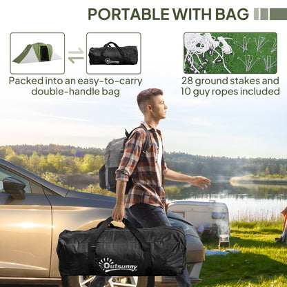 Outsunny Large Camping Tent Tunnel Tent with 2 Bedroom and Living Area, 2000mm Waterproof, Portable with Bag for 4-6 Man, Green