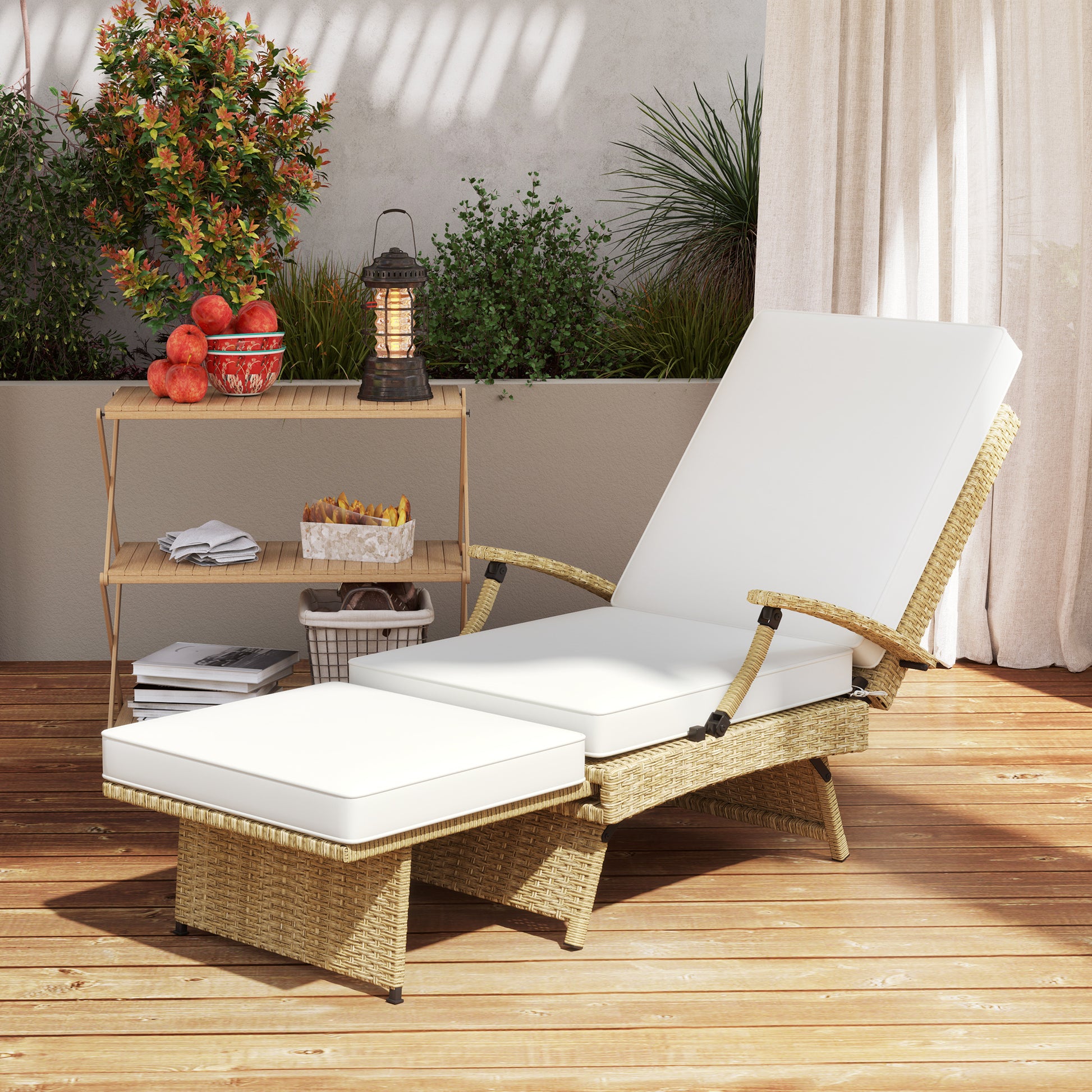 Outsunny 80° Reclining Rattan Lounger - White/Beige