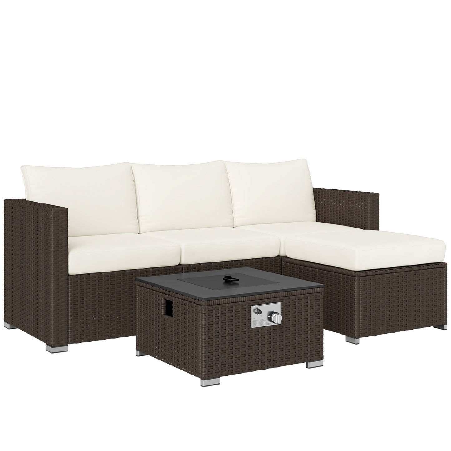 Outsunny Five Piece Rattan Garden Furniture Set with Gas Fire Pit Table and Footstool - Brown and Cream White