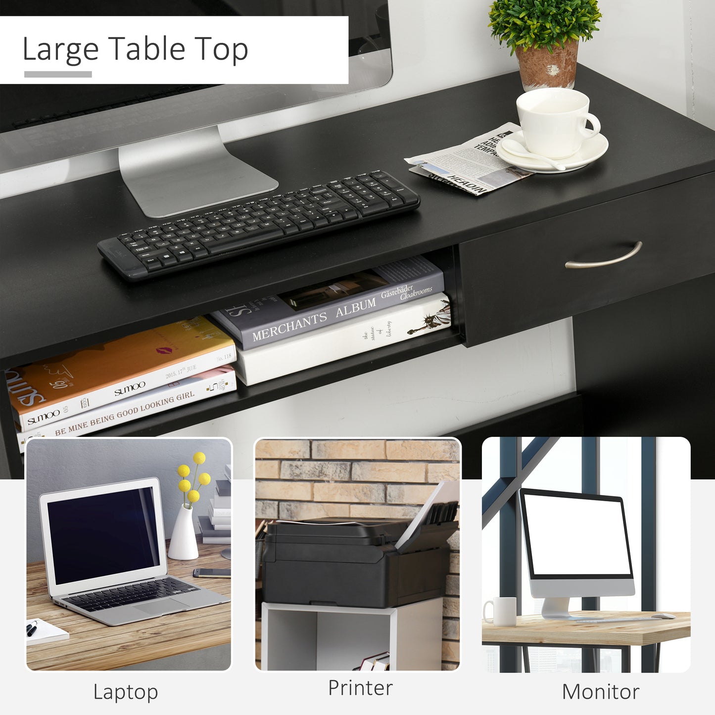HOMCOM Modern Computer Work Desk Table Study w/ Shelf Drawer Standing Writing Station Display Stylish Storage Compact Black