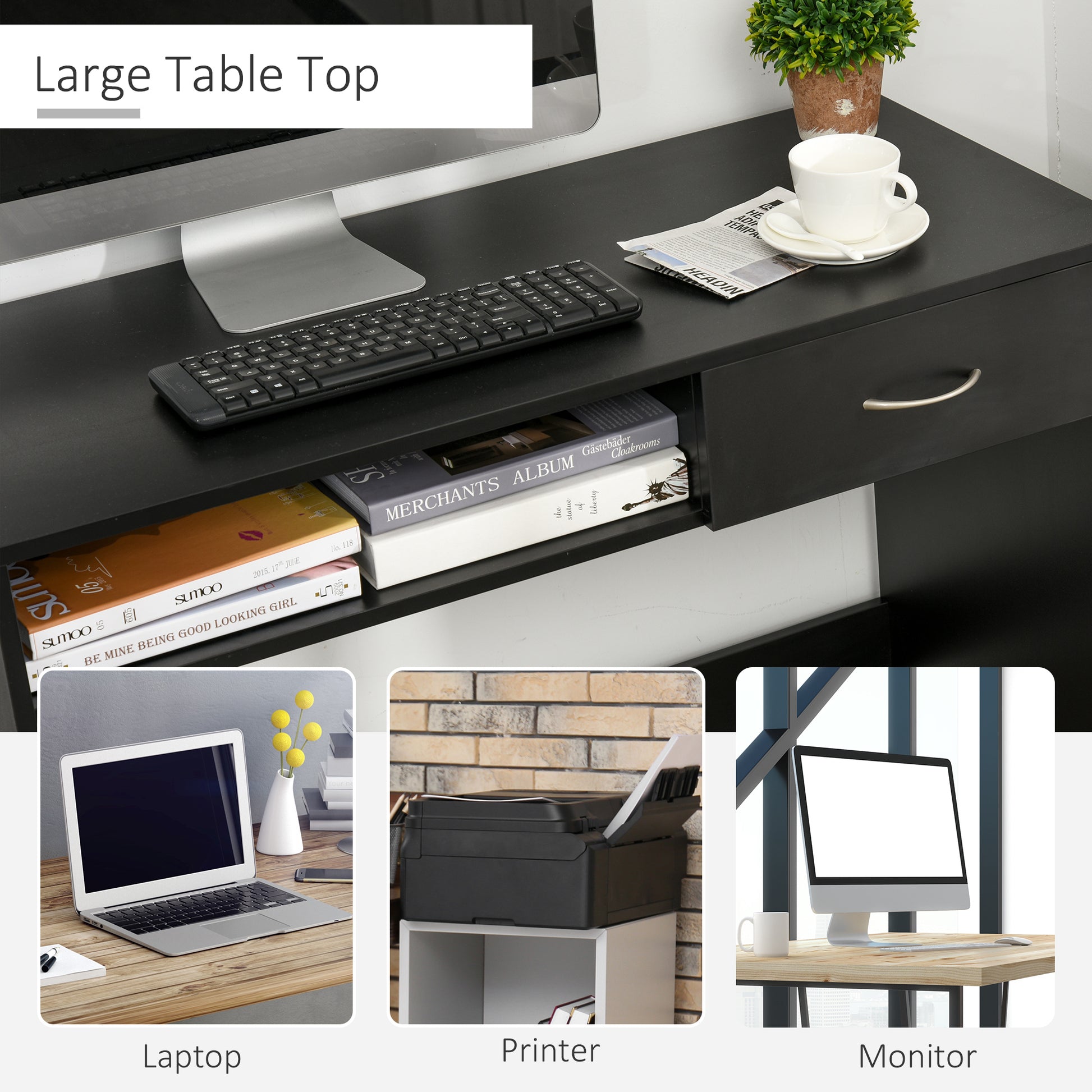 HOMCOM Modern Computer Work Desk Table Study w/ Shelf Drawer Standing Writing Station Display Stylish Storage Compact Black