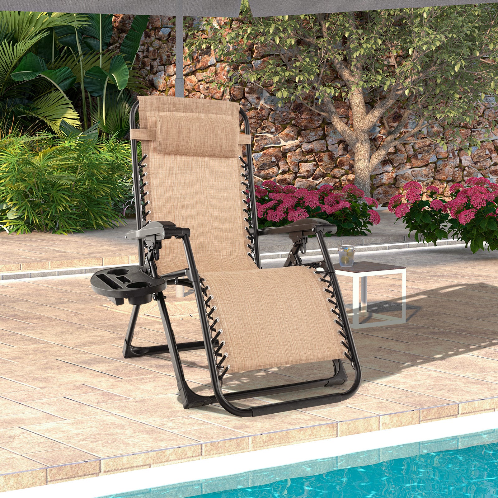 Adjustable Metal Zero Gravity Lounge Chair with Cup Holder Tray-Beige