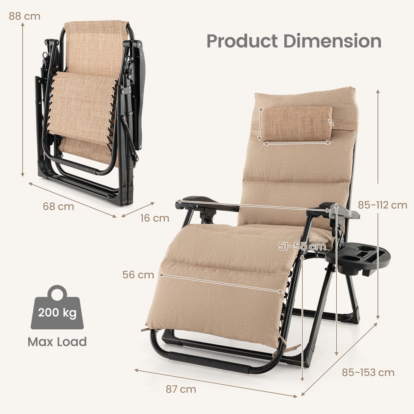 Adjustable Metal Zero Gravity Lounge Chair with Cup Holder Tray-Beige