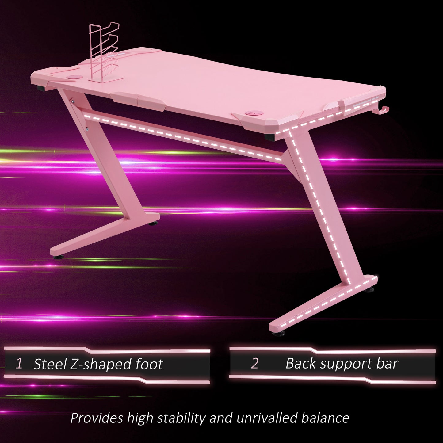 HOMCOM Gaming Desk, Ergonomic Home Office Desk, Gamer Workstation Racing Table, with Headphone Hook and Cup Holder, 122 x 66 x 86cm, Pink