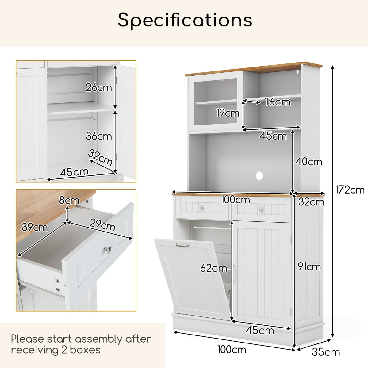 Double Tilt Out Trash Cabinet with Rubber Wood Countertop for Kitchen Dining Room-White