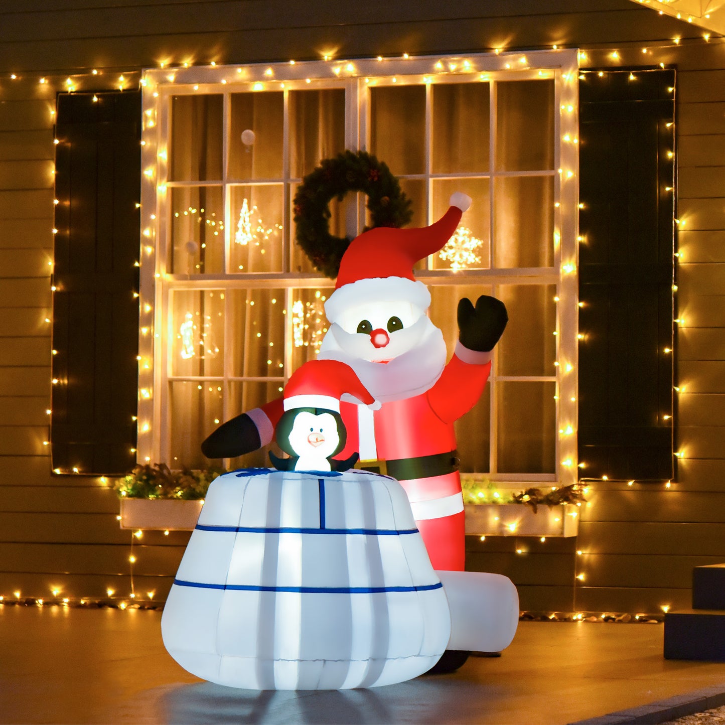HOMCOM 1.6m Christmas Inflatable Santa Claus and Penguin with Ice House Built-in LED Blow Up Decoration Outdoor, Xmas Decor for Holiday Party Garden